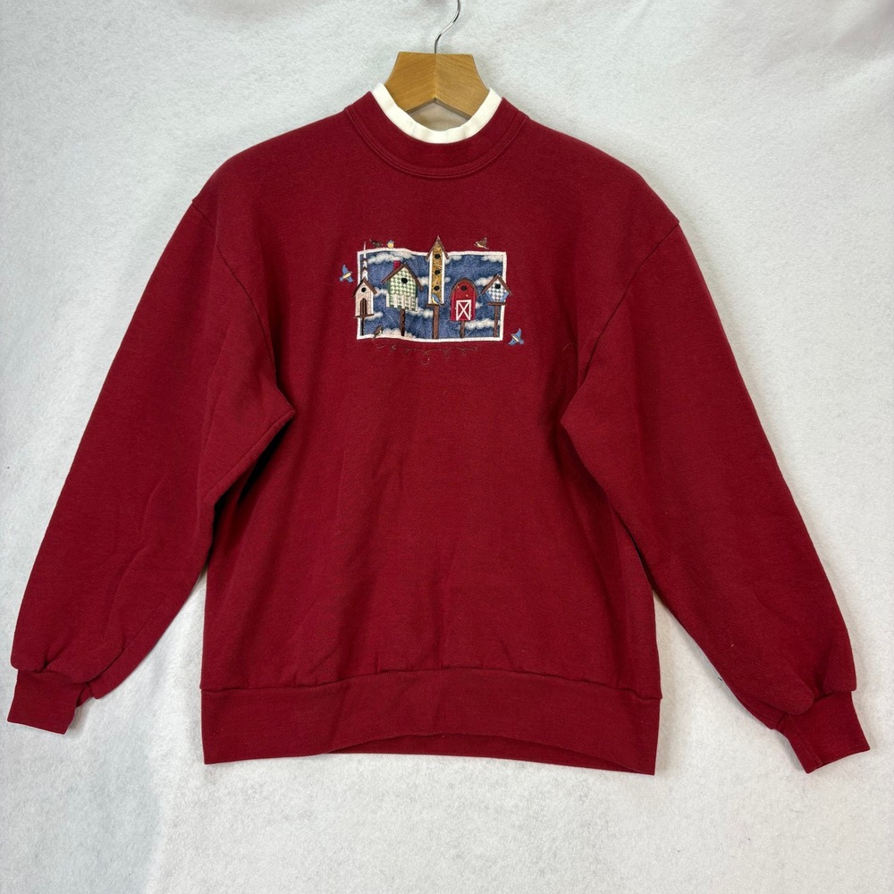 Vintage Whim Z Red Mock‎ Neck Birdhouse Embroidered Sweatshirt Women's Large
